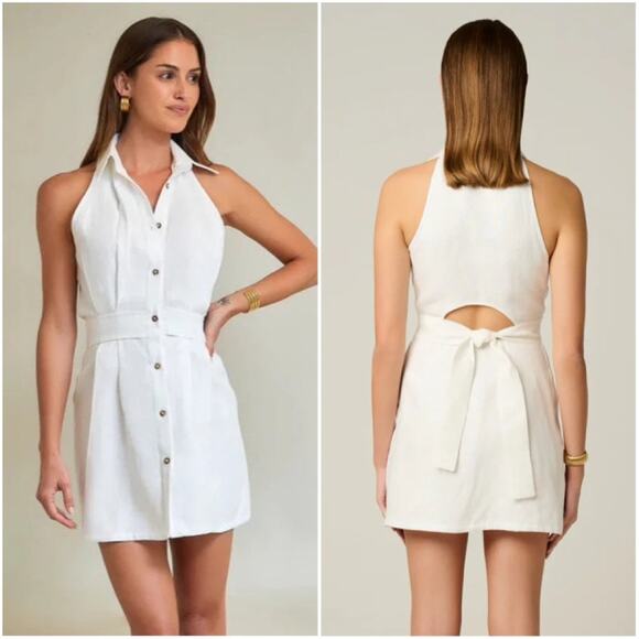 Hevron Domino Mini Dress 100% Linen Sleeveless Cut-Out Belted Shirtdress White - Picture 1 of 11